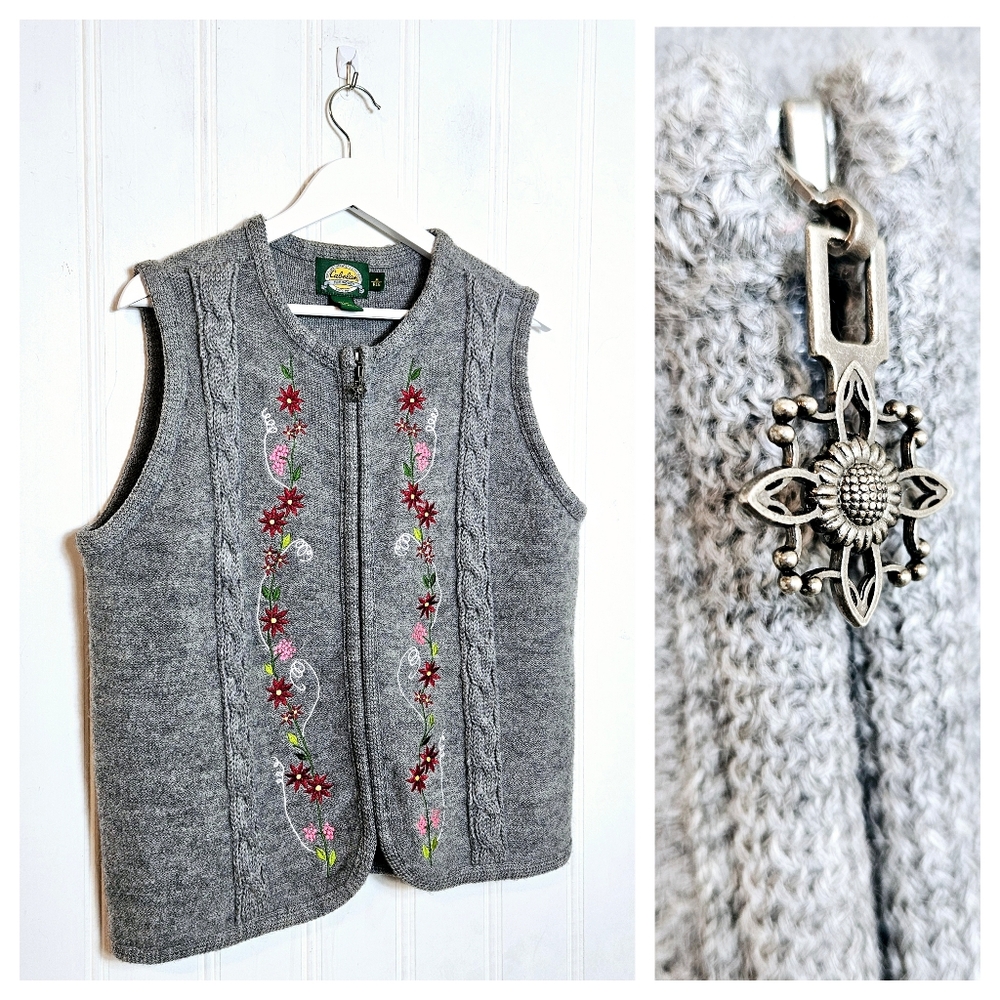 Cabelas Sweater Vest M 100% Wool Floral Embroidered Cable Knit Full Zip Gray